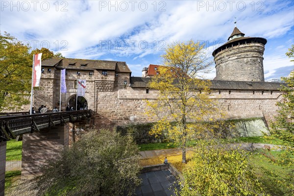 Bridge at Frauentor and Frauentor Tower, Old City Wall at Handwerkerhof, in autumn, Nuremberg,