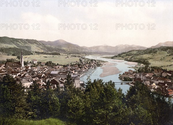 City of Bad Tölz in Bavaria, Historic, digitally enhanced reproduction of a photochrome print from