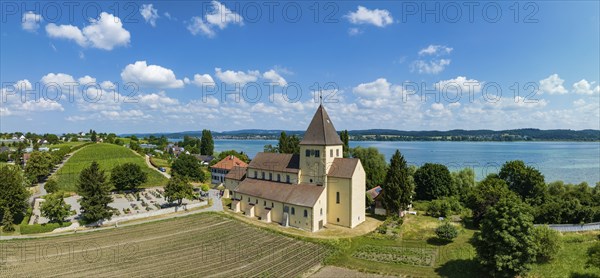 Aerial panorama of the Church of St. George, Oberzell, Reichenau, UNESCO World Heritage Site,