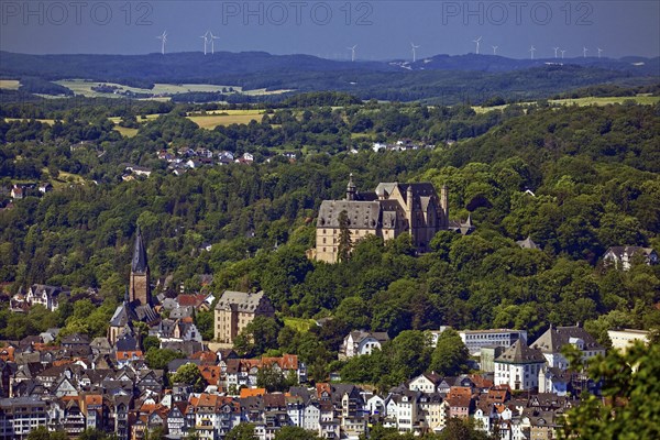 Elevated city view of the landgrave's castle and the old town, Marburg an der Lahn, Hesse, Germany,
