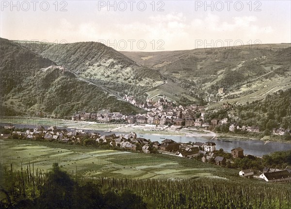 The town of Traben Trarbach on the Moselle, Rhineland-Palatinate, Historic, digitally enhanced