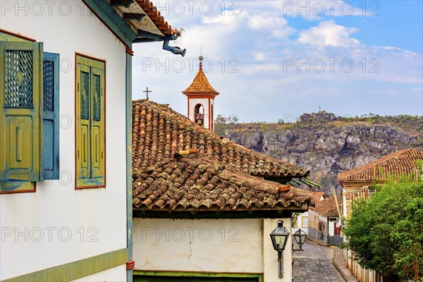 Street in the city of Diamantina with its colonial-style houses and colorful balconies with the