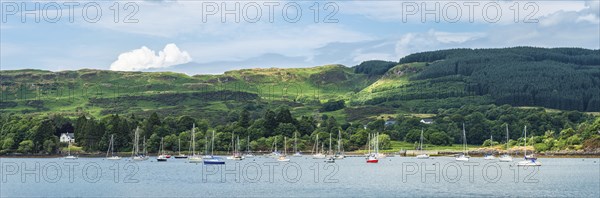Panorama of Boats in Ardentallan Bay, Loch Feochan, Oban, Argyll and Bute, Scotland, UK