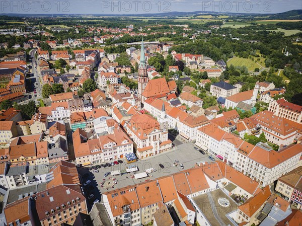 Aerial view of Löbau city centre. Löbau is a large district town in the district of Görlitz in