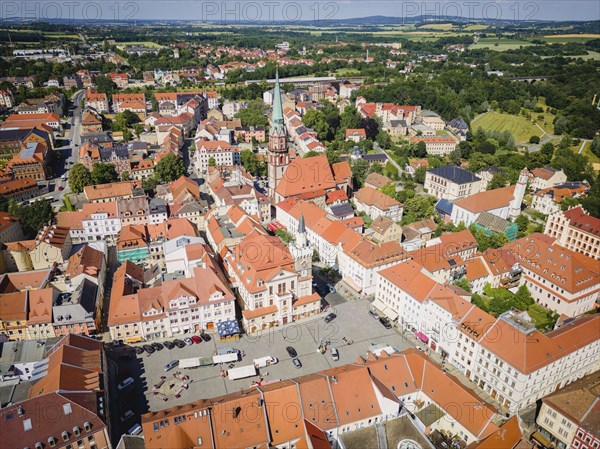 Aerial view of Löbau city centre. Löbau is a large district town in the district of Görlitz in
