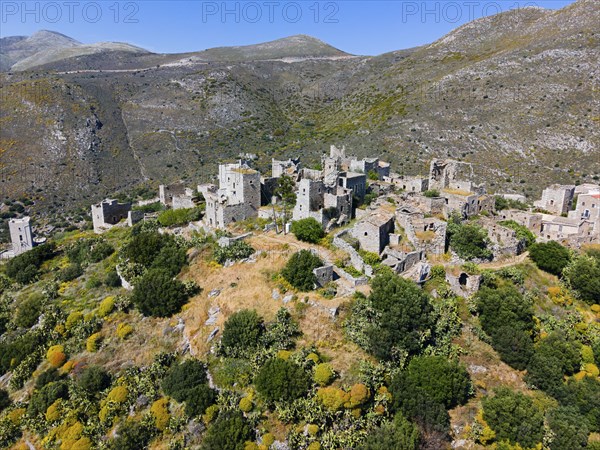 Drone shot, Vathia, Ithylo, Anatoliki Mani, Mani, Lakonia, Peloponnese, Greece, Europe