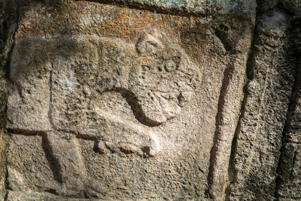 Carved stonework jaguar figure, Chichen Itza, Mayan ruins, Yucatan, Mexico near Temple of the