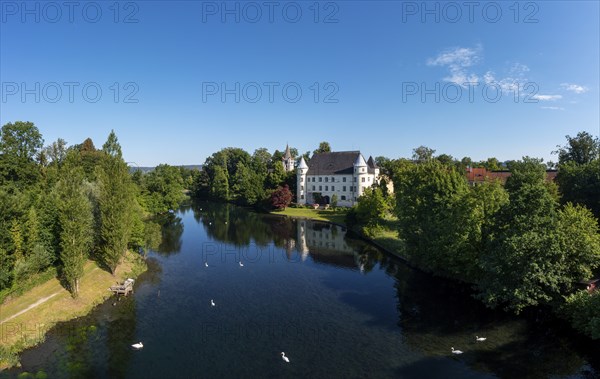 Drone shot, Renaissance castle, Hagenau Castle, Mattig estuary, Sankt Peter am Hart, Innviertel,