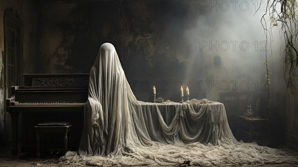 Mysterious and spooky female figure covered in sheer garment standing next to an old dusty piano in