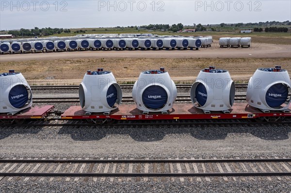 Brighton, Colorado, Wind turbine rotor hubs (on rail cars) and nacelles at the Vestas nacelle