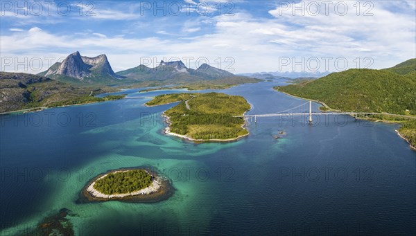 Fjord with islands in front of Bergen, Mount Stortinden, bridge over Kjerringstraumen, Efjord,