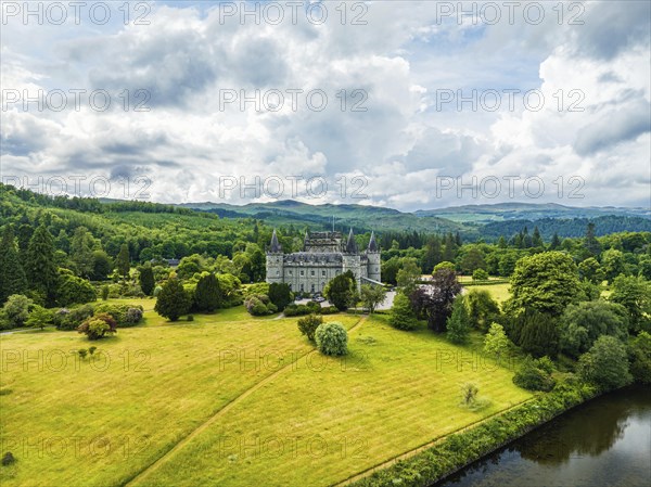 Inveraray Castle from a drone, Clan Campbell, Loch Fyne, Argyll, Scotland, UK