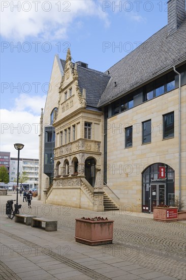 Tourist Information and Facade, City Hall, Holzmarkt, Halberstadt, Harz Mountains, Saxony-Anhalt,