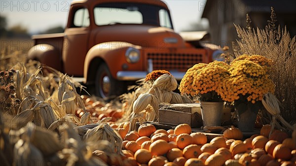 Pumpkin harvest fall themed decorations and classic truck, generative AI