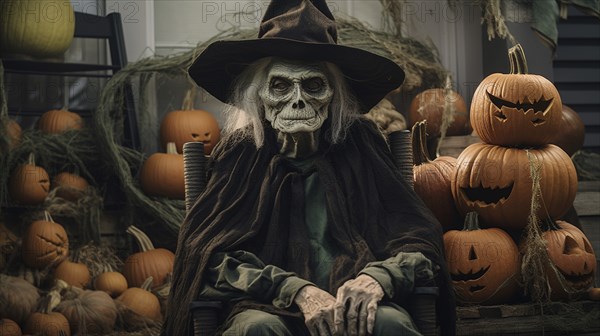 Ghostly scary old witch sitting amongst pumpkins and other halloween decorations, generative AI