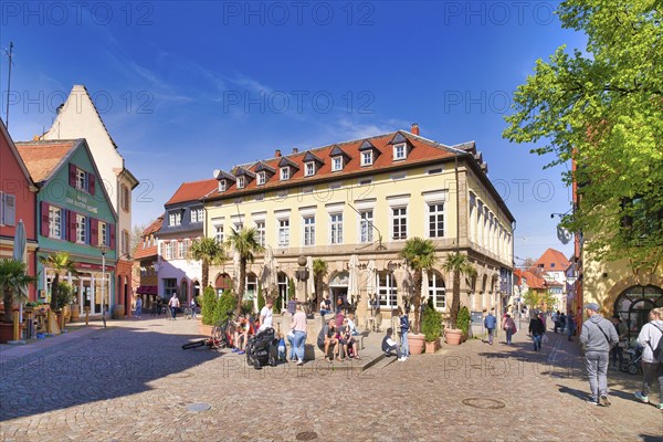 Bad Dürkheim, Germany, April 2021: Town square called römerplatz in historic city center of spa