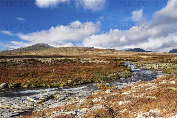 Autumnal mountain landscape with river Store Ula, Rondane National Park, Norway, Europe