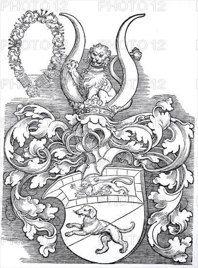 The coat of arms of Lorenz Staiber, woodcut by Albrecht Dürer, historical, digitally improved