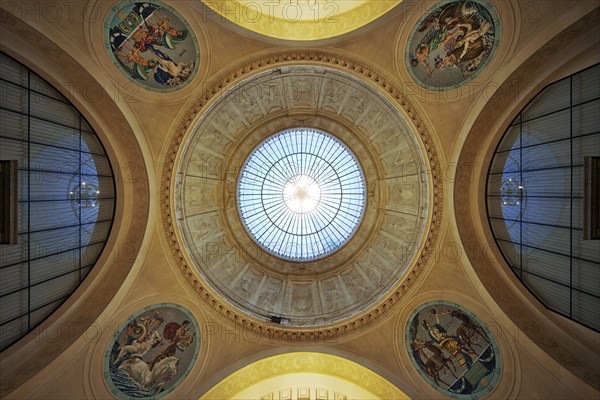 View up to the glass dome above the foyer in the spa hotel and Casino in the evening, Wiesbaden,