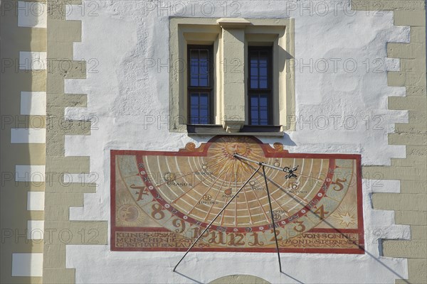 Sundial at the Grafeneckart built 14th century, town hall, detail, facade, Würzburg, Lower