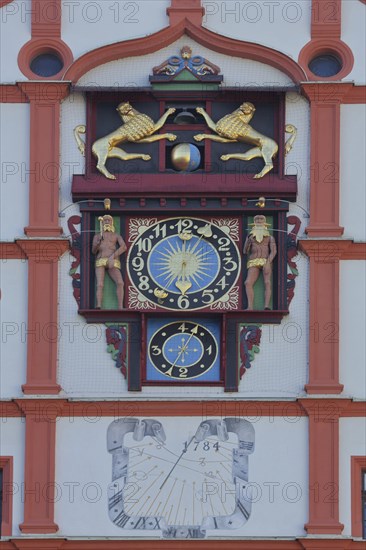 Gable of the Old Town Hall with clock, lion figures and sundial, detail, old, Plauen, Altmarkt,