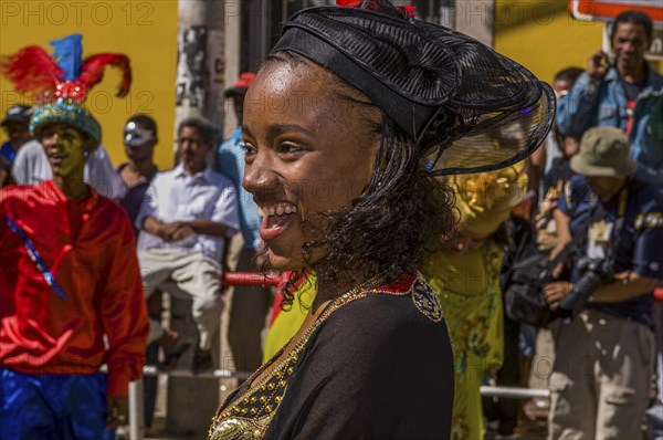 Colourful costumed, pretty woman. Carnival. Mindelo. Cabo Verde. Africa