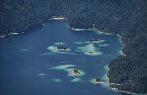 Detailed view of islands and forest at the Eibsee lake, Bavaria, Germany, Europe