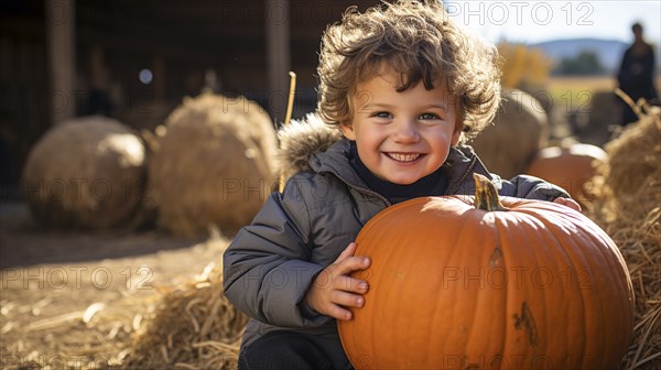 Happy young girl showing off her large ripe fall pumpkin at the pumpkin patch, generative AI