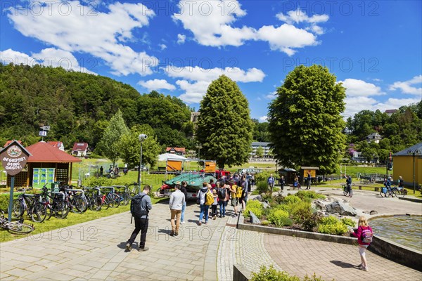 Rathen in Saxon Switzerland, queue for the ferry across the Elbe River