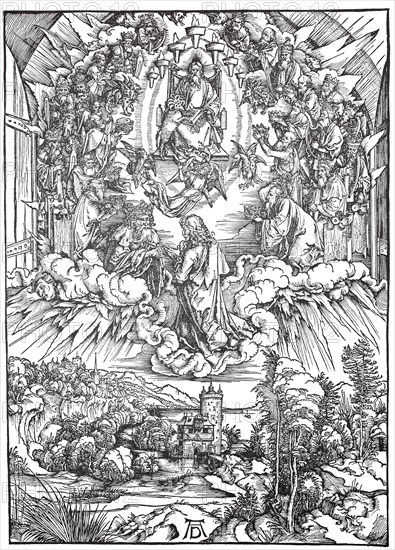 Picture cycle The Apocalypse, St.John and the twenty-four elders in heaven, woodcut by Albrecht