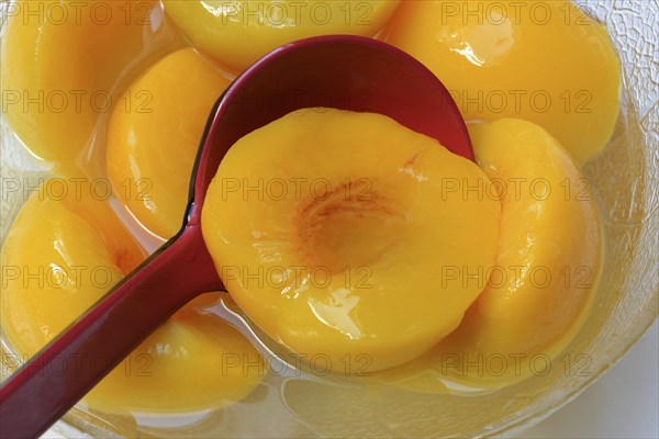 Peach, peach halves in syrup with ladle (Prunus persica)