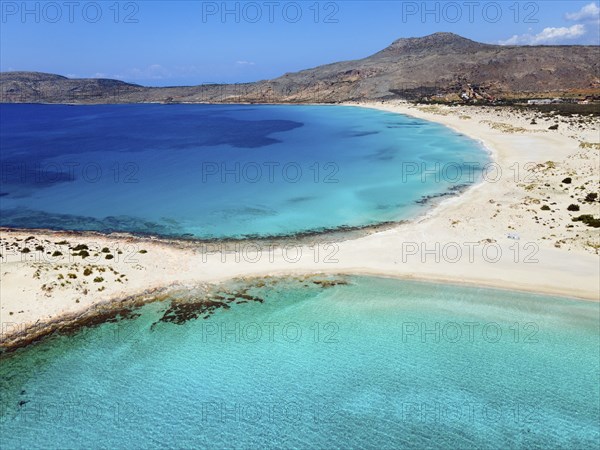 Drone shot, double bay of Simos beach, Sarakiniko beach, Elafonisos, Deer Island, Laconia,