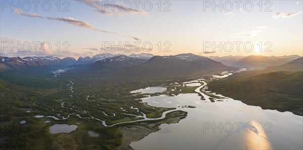 River delta of the two rivers Visttasjohka and Laddjujohka, Lake Paittasjärvi, Kebnekaise massif in
