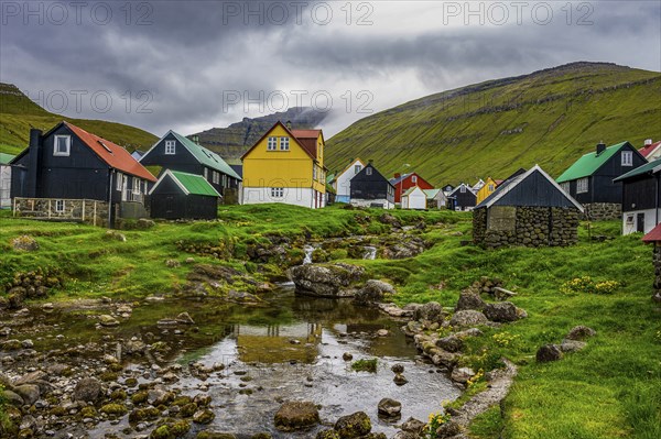 Colourful houses in the village of Gjogv, Estuyroy, Faroe islands, Denmark, Europe