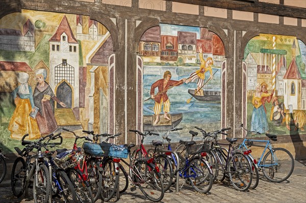 Wall painting, bicycles, old town, Bamberg, Upper Franconia, Bavaria, Germany, Europe