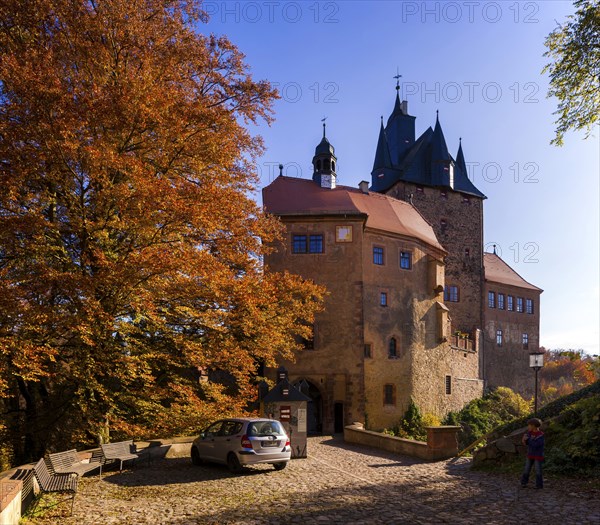 Kriebstein Castle rises on a steep rock above the Zschopau. Within the large group of hilltop