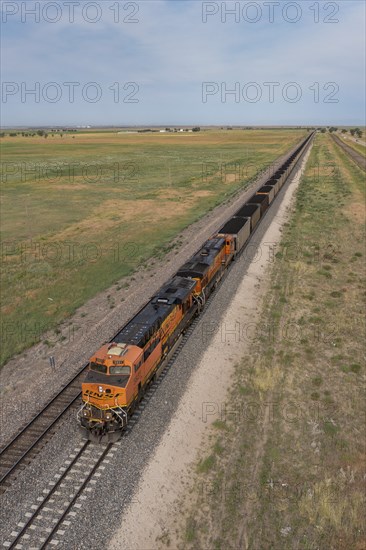 Roggen, Colorado, A Burlington Northern Santa Fe freight train carrying coal east of Denver