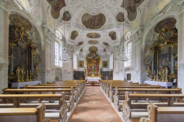 Magnificent church interior of the Maria Gern pilgrimage church in Baroque style, white and gold