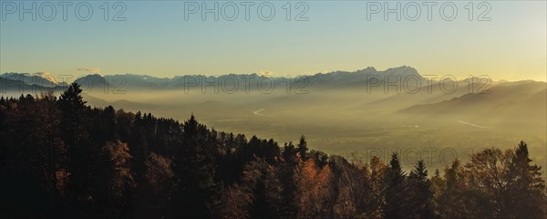 Rhine valley in the evening light, panoramic view from the Pfänder