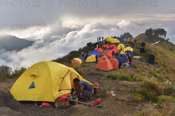 Hikers camping on Mount Rinjani, Lombok, Indonesia, Asia