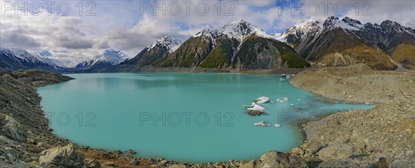 Panorama of Blue Lakes and Tasman Glacier, Mount Cook National Park, New Zealand, Oceania
