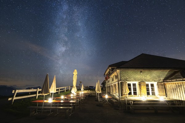 A mountain hut under a clear starry sky with the Milky Way visible and mountains in the background,
