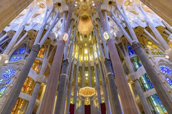 The interior of Sagrada Familia (Church of the Holy Family), the cathedral designed by Gaudi in