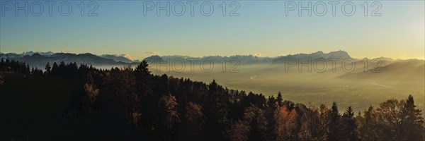 Rhine valley in the evening light, panoramic view from the Pfänder
