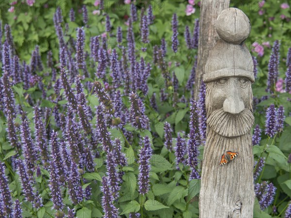 Wooden sculpture with a butterfly surrounded by purple flowering plants, papenburg, emsland,