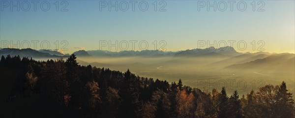 Rhine valley in the evening light, panoramic view from the Pfänder