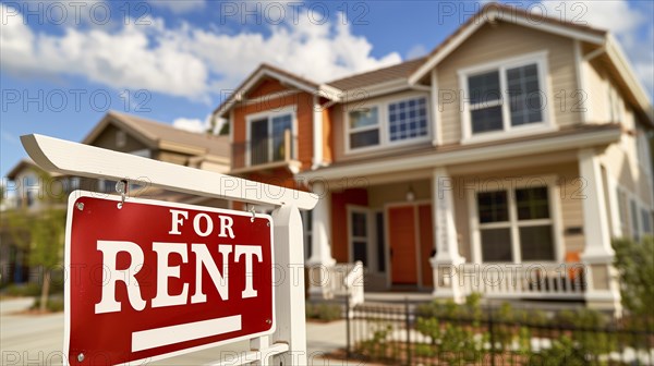 Home for rent real estate sign in front of house. generative AI, AI generated