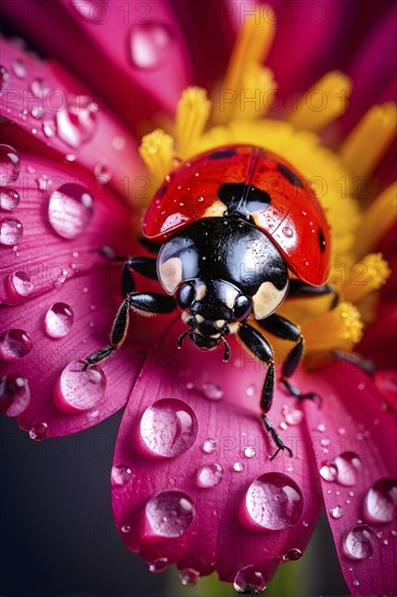 Ladybug crawling on a wet flower petal, with rain droplets, AI generated