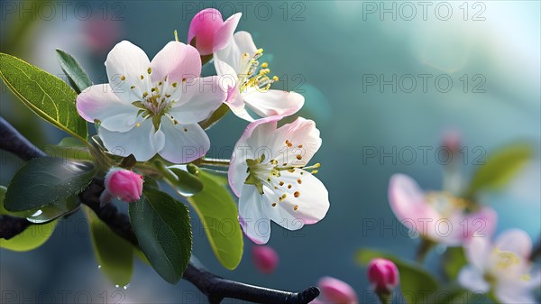 Blossoming apple blossoms in springtime, with soft pink and white petals contrasting against a