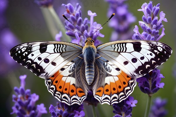 Butterfly resting on a blooming lavender plant, with its delicate wings fully spread and fine